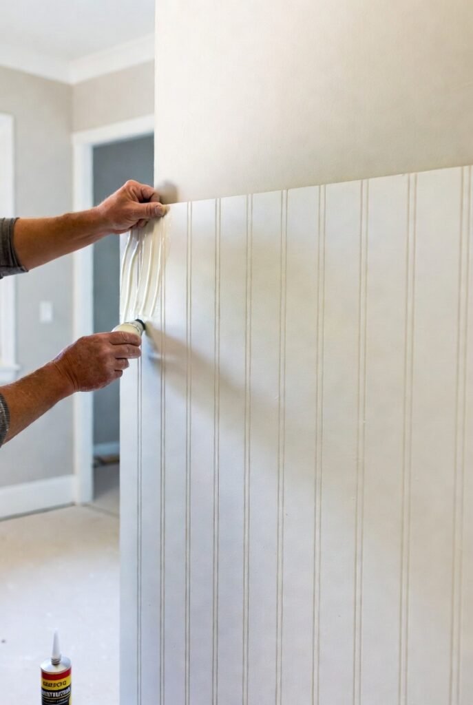 A homeowner applying construction adhesive to the back of a white 24 bead board panel and pressing it firmly against the wall, hands visible, tube of adhesive nearby, bright interior room, photorealistic DIY step-by-step instructional photography.
