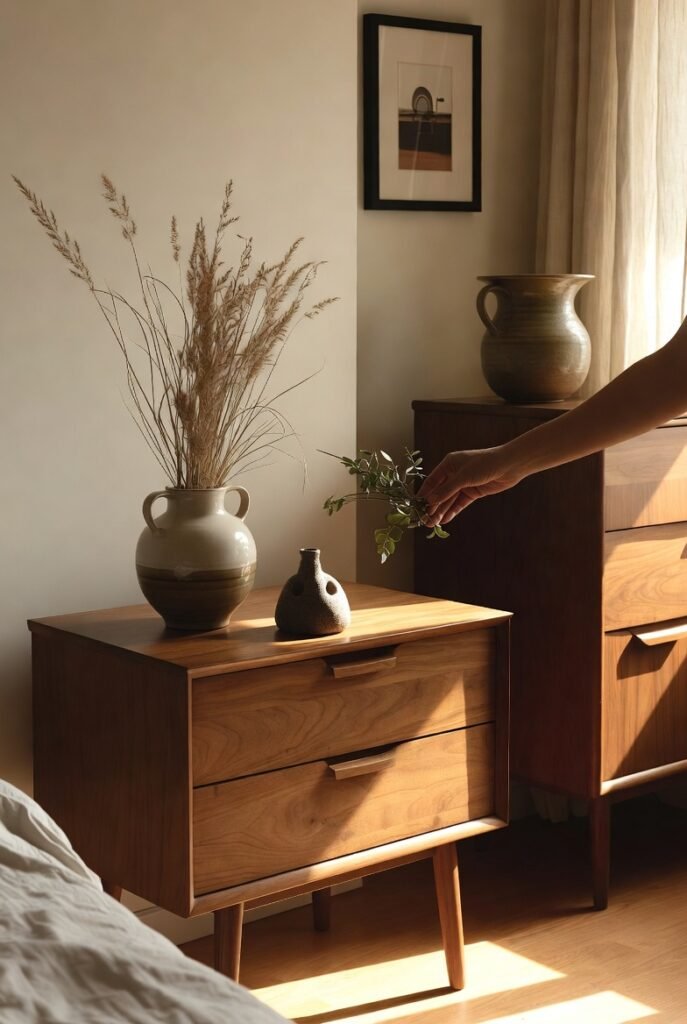 A mid century modern bedroom nightstand and dresser being styled with final accessories — ceramic vases, dried grasses, a sculptural object and a small plant — the finishing decorative touches being placed, interior design styling process photography, photorealistic.

