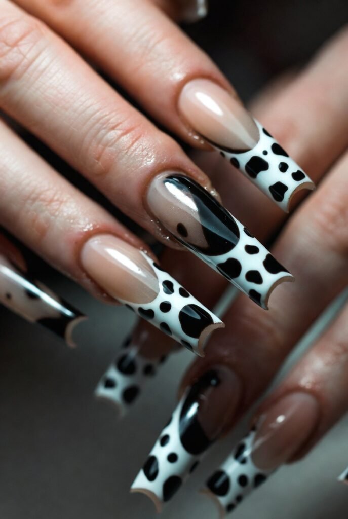 13. Cow Print Coffin Nails