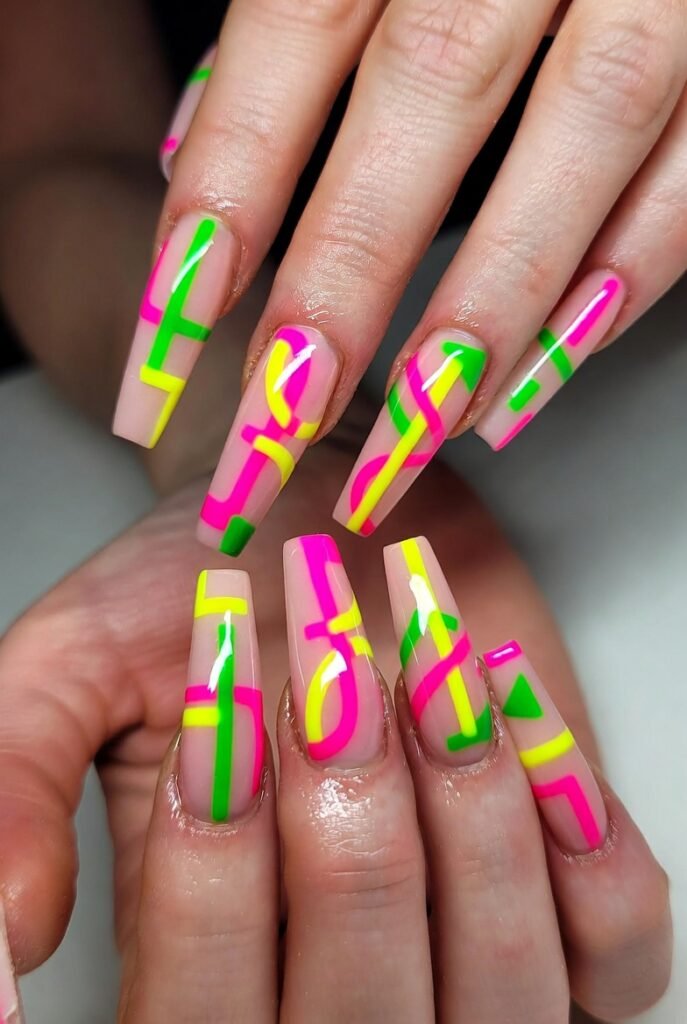 4. Neon Geometric Coffin Nails