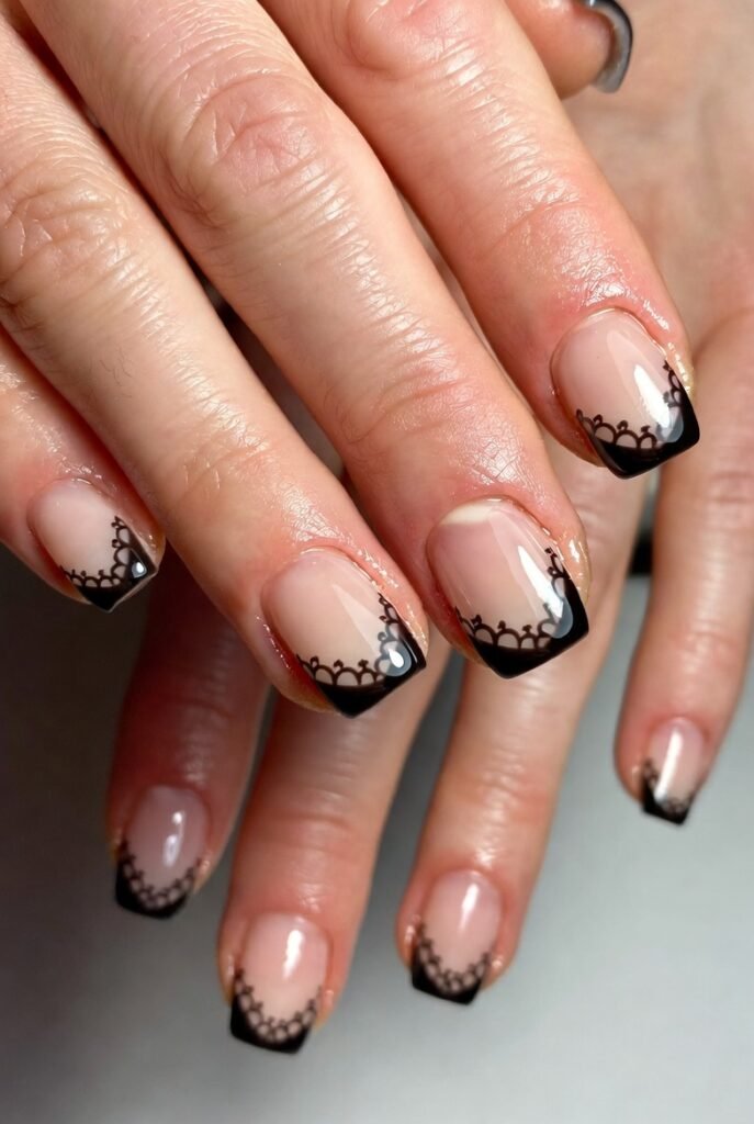 Black Lace French Fade on Short Nails