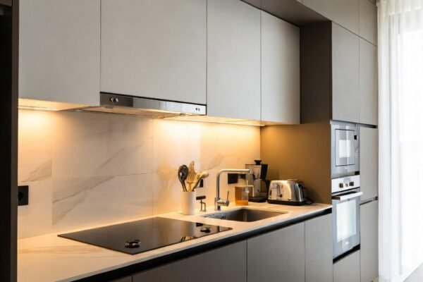 A beautifully transformed modern kitchen featuring two-tone navy and white cabinetry, waterfall edge marble countertop island, floor-to-ceiling subway tile backsplash, smart under-cabinet lighting, and a dedicated coffee station — showcasing the most stylish and budget-friendly kitchen design ideas for a complete cooking space transformation.