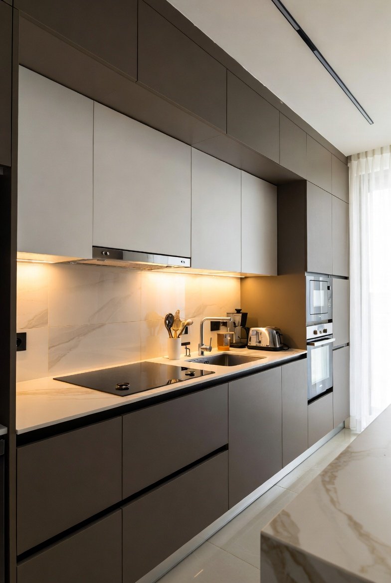 A beautifully transformed modern kitchen featuring two-tone navy and white cabinetry, waterfall edge marble countertop island, floor-to-ceiling subway tile backsplash, smart under-cabinet lighting, and a dedicated coffee station — showcasing the most stylish and budget-friendly kitchen design ideas for a complete cooking space transformation.