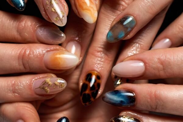 A stunning curated collection of 16 creative nail design tips including Marble Swirls, Sunset Ombré, Galaxy Nebula, Pressed Dried Flowers, Tortoiseshell, Abstract Brushstrokes, and Mix-and-Match Accents showcasing unique expressive manicure styles that help you confidently express your individual style with calm beautiful hands.