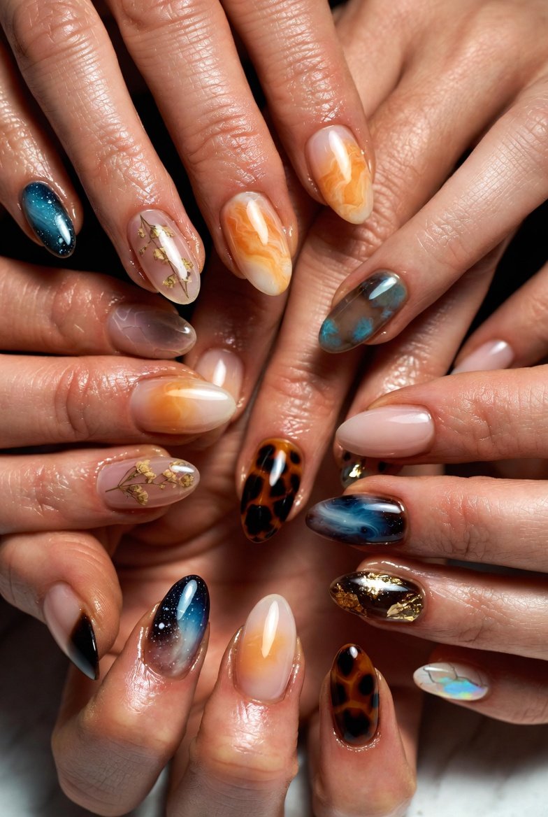 A stunning curated collection of 16 creative nail design tips including Marble Swirls, Sunset Ombré, Galaxy Nebula, Pressed Dried Flowers, Tortoiseshell, Abstract Brushstrokes, and Mix-and-Match Accents showcasing unique expressive manicure styles that help you confidently express your individual style with calm beautiful hands.