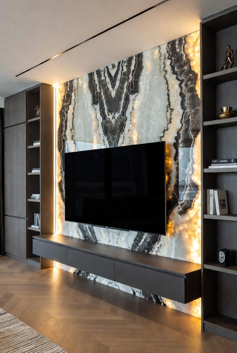 A stunning luxury TV wall in a high-end living room featuring a large flat screen television mounted flush on a dramatic floor-to-ceiling fluted walnut panel with warm LED backlighting, integrated floating shelves with curated decor and premium materials creating an ultra sophisticated and cinematic home entertainment focal point.
