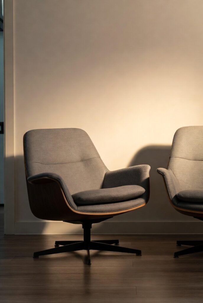 A cinematic close-up shot of a slightly imperfect swivel chair — one armrest slightly off, cushion uneven — placed beside a perfect matching chair in a clean modern room, subtle humor and relatable storytelling feel, warm lighting, editorial lifestyle photography, real-life scenario concept.