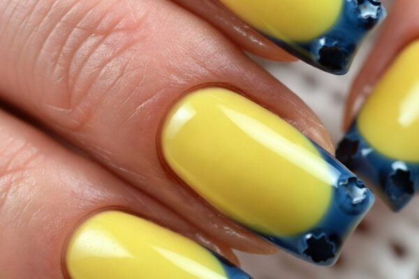Close-up of stylish yellow blueberry nails displaying a variety of creative nail art designs including ombré, glitter accents, floral patterns, and color blocks, perfect inspiration for bright and playful manicure ideas