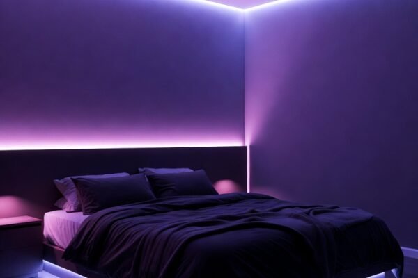 A beautifully transformed bedroom with glowing LED Lights creating a dreamy purple and blue atmosphere behind the headboard and along the ceiling, showcasing the ultimate guide to LED Lights Bedroom makeovers from drab to dreamy.