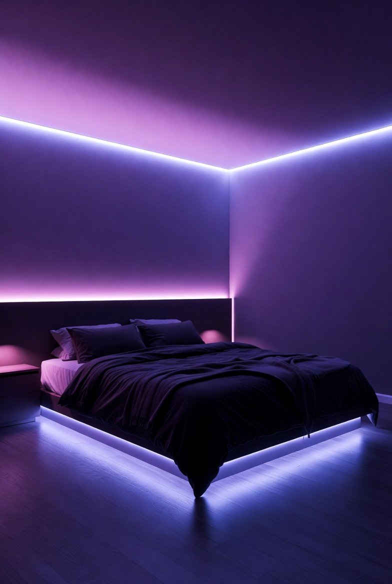 A beautifully transformed bedroom with glowing LED Lights creating a dreamy purple and blue atmosphere behind the headboard and along the ceiling, showcasing the ultimate guide to LED Lights Bedroom makeovers from drab to dreamy.