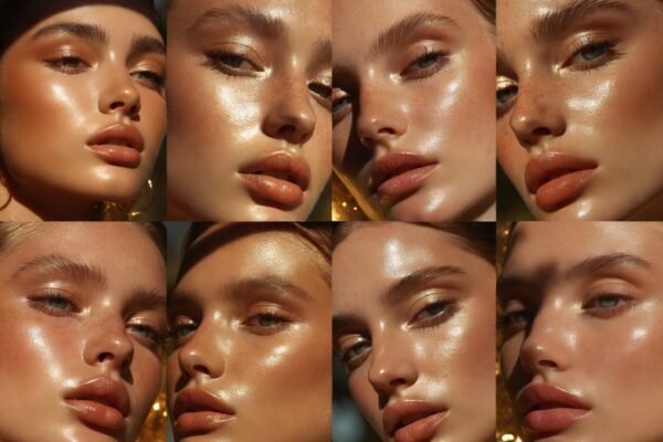 Close-up beauty shot of a model showcasing stunning bronzy makeup looks featuring warm sun-kissed tones including rich bronze eyeshadow, golden highlight accents, warm terracotta blush, glowing dewy skin, and coordinated bronzed lip shades, perfect inspiration for achieving a radiant and luminous golden goddess glow with these beautiful bronzy makeup ideas