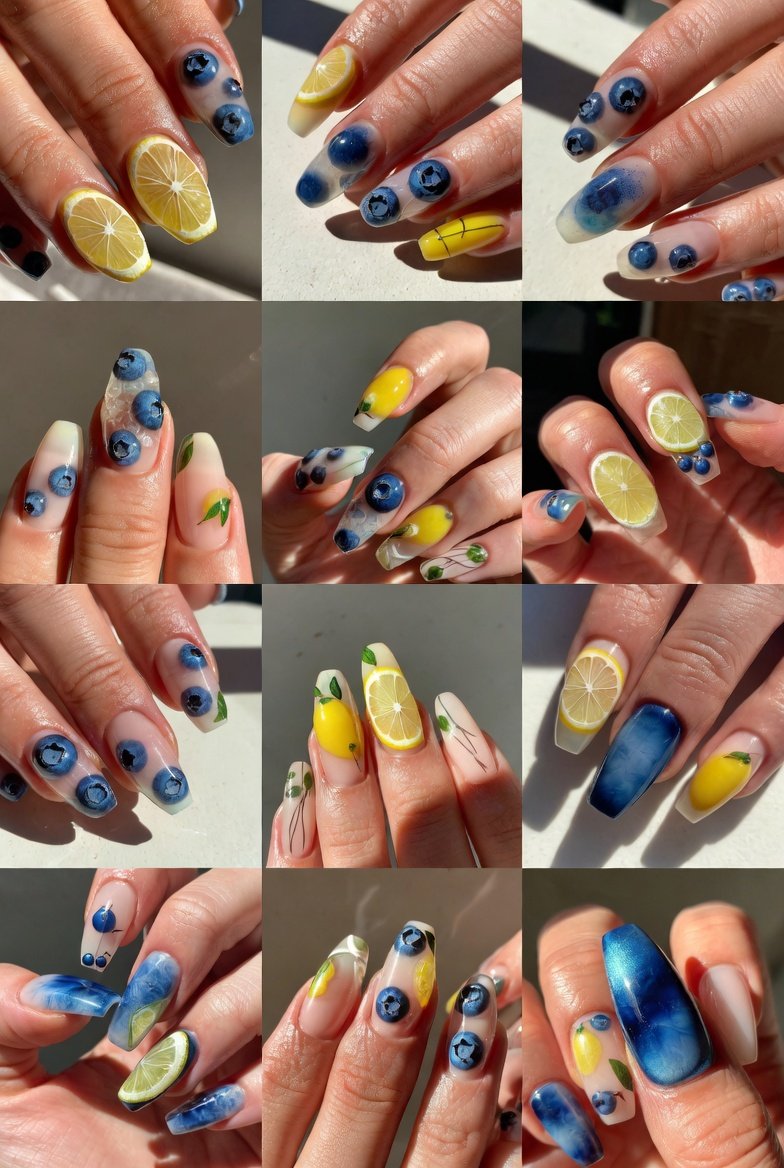 Close-up of vibrant lemon blueberry nail designs showcasing a stunning variety of cheerful and mood-boosting manicure styles including bright lemon yellow bases, deep blueberry accents, citrus and berry color combinations, playful fruit-inspired nail art, and glossy summer-ready finishes, perfect inspiration for unleashing your inner sunshine with creative and eye-catching lemon blueberry nail ideas