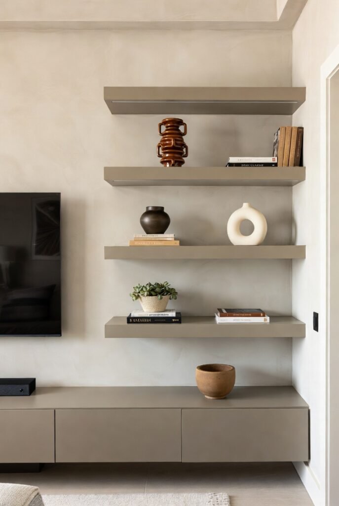 A luxury TV wall with perfectly integrated floating shelves and a low media console below the television, holding curated decor objects, art books, ceramic vases and a small indoor plant, storage and display done elegantly, interior design editorial photography, photorealistic.

