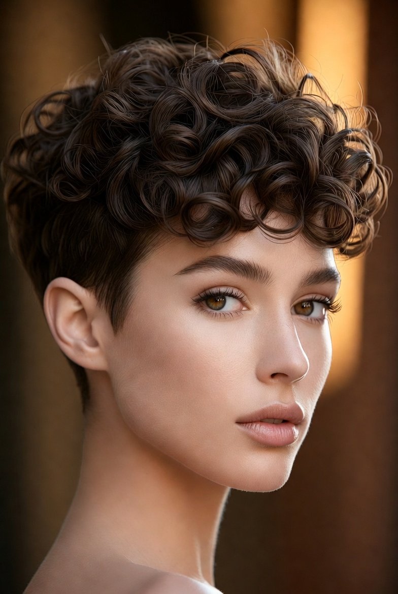 A breathtaking collection of 23 effortlessly stylish curly pixie cut ideas showcasing a confident woman with a beautifully tapered natural curly pixie cut with voluminous defined curls on top and clean tapered sides representing the full range of attitude-filled and texture-celebrating styles from bold undercuts and vintage finger waves to bleached tips silver blending asymmetric edges and dramatic voluminous crowns for every curl pattern and personality.
