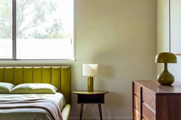 A beautifully styled mid century modern bedroom featuring a low walnut platform bed with tapered legs, warm terracotta walls, a Sputnik chandelier, earth tone linen bedding, and authentic retro accessories creating a timeless and cozy sleep space.