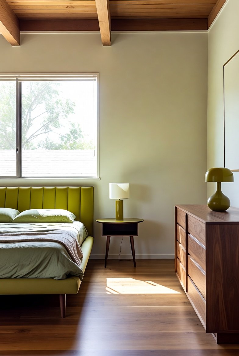 A beautifully styled mid century modern bedroom featuring a low walnut platform bed with tapered legs, warm terracotta walls, a Sputnik chandelier, earth tone linen bedding, and authentic retro accessories creating a timeless and cozy sleep space.