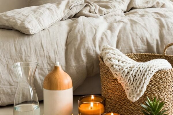 A beautifully transformed sleep sanctuary bedroom featuring soft linen bedding, warm ambient lighting, indoor plants, and calming neutral tones representing 50 plus relaxing bedroom ideas for ultimate peace.