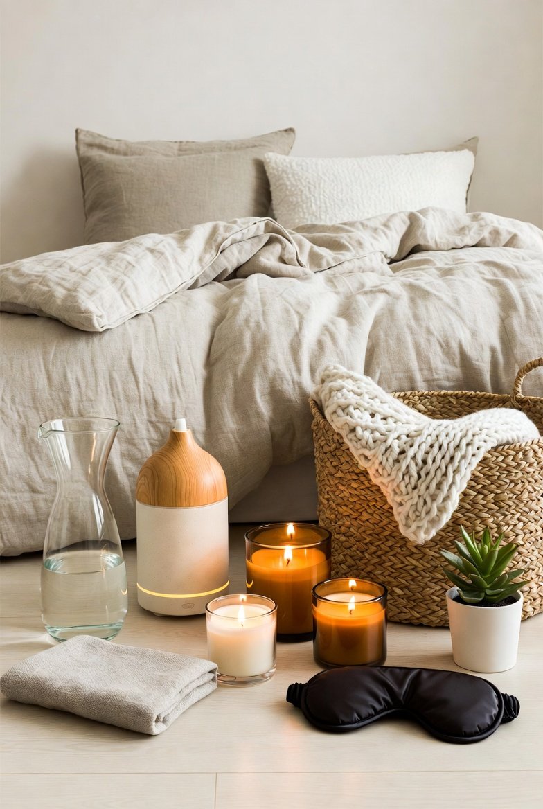 A beautifully transformed sleep sanctuary bedroom featuring soft linen bedding, warm ambient lighting, indoor plants, and calming neutral tones representing 50 plus relaxing bedroom ideas for ultimate peace.