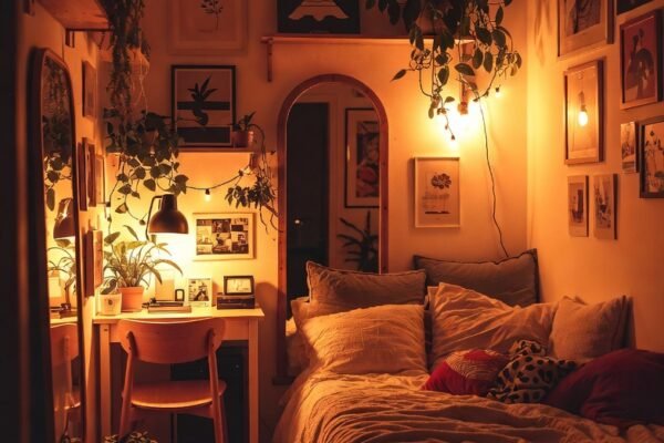 A beautifully styled Small Apartment with warm cozy aesthetic featuring ambient layered lighting, neutral textures, lush plants, strategic mirrors, and meaningful decor creating an intimate and inviting space, showcasing 15 small apartment aesthetic cozy ideas that will transform your space.2 / 2