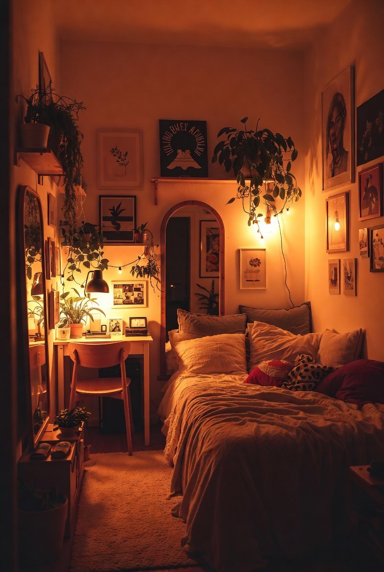 A beautifully styled Small Apartment with warm cozy aesthetic featuring ambient layered lighting, neutral textures, lush plants, strategic mirrors, and meaningful decor creating an intimate and inviting space, showcasing 15 small apartment aesthetic cozy ideas that will transform your space.2 / 2