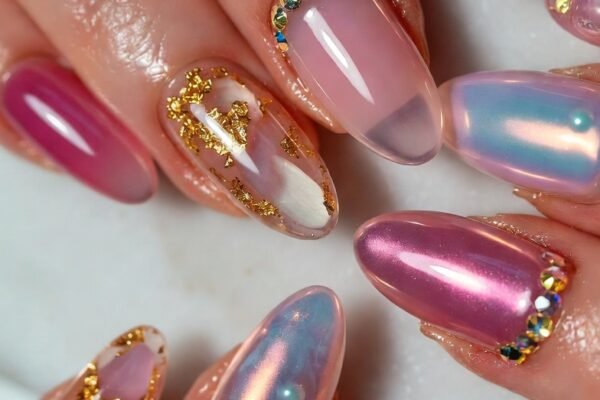 A stunning curated collection of 18 jelly pink nail designs featuring Classic Sheer Pink, Iridescent Chrome, Gold Foil Flakes, Crystal Rhinestone Clusters, Deep Berry Jelly, and Blueberry Milk Swirls showcasing playful youthful glowing manicure ideas that instantly lift your mood and flatter every style.