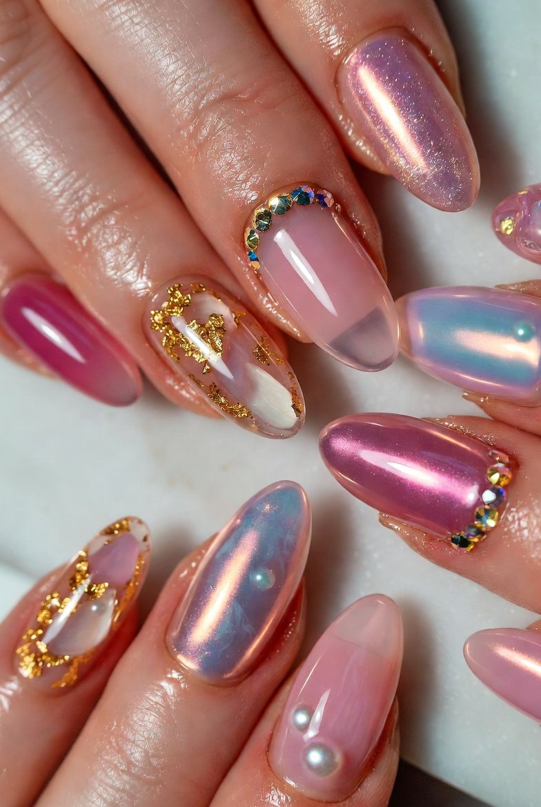 A stunning curated collection of 18 jelly pink nail designs featuring Classic Sheer Pink, Iridescent Chrome, Gold Foil Flakes, Crystal Rhinestone Clusters, Deep Berry Jelly, and Blueberry Milk Swirls showcasing playful youthful glowing manicure ideas that instantly lift your mood and flatter every style.