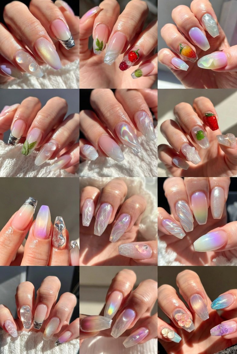 Close-up of gorgeous Korean jelly nail designs showcasing a stunning variety of glossy and dreamy manicure styles including translucent jelly finishes, soft pastel tones, sheer color overlays, delicate embedded florals, and glass-effect nail art, perfect inspiration for trendsetting and elegantly luminous Korean jelly nail looks