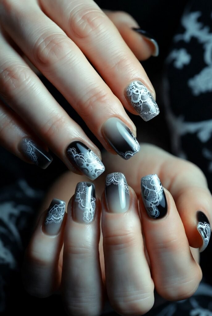 Ombre Black to Grey with White Lace