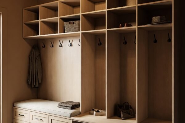 A beautifully organized modern mudroom featuring a 12-section storage unit with cubbies, hooks, bench seating, and basket storage, clean entryway transformation, warm ambient lighting, professional interior design photography, ultra-realistic 8K, mud room storage ideas