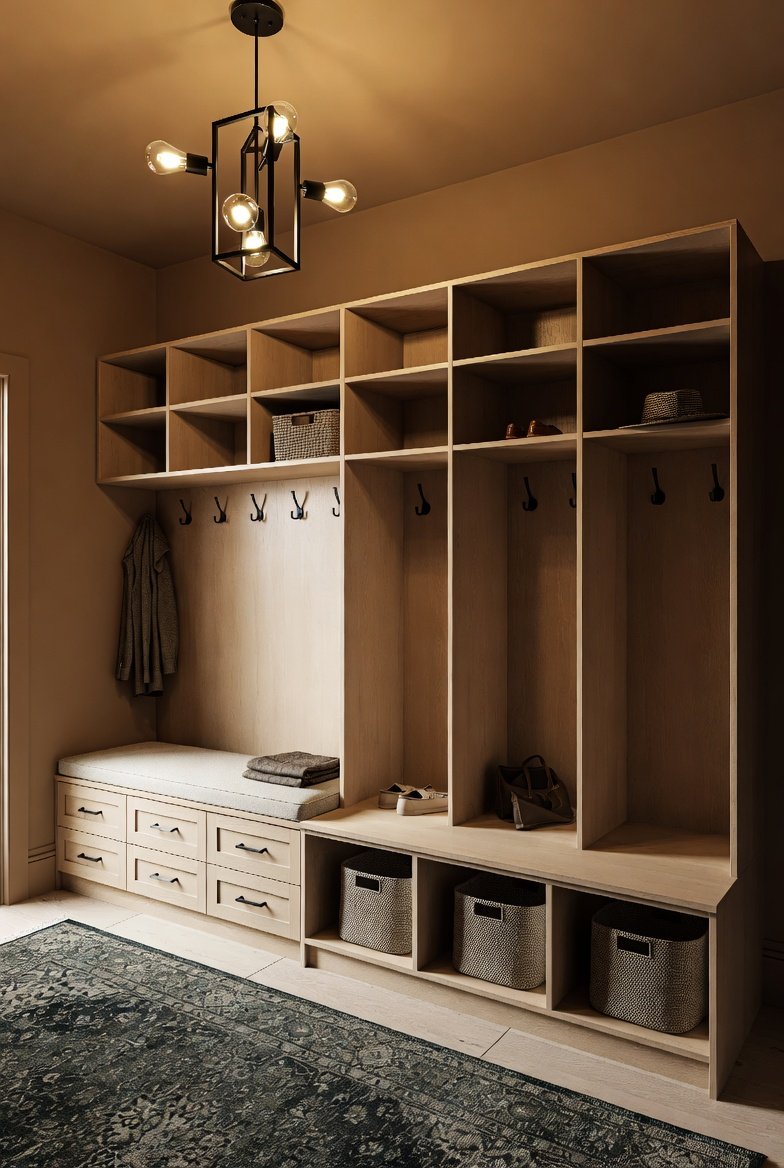 A beautifully organized modern mudroom featuring a 12-section storage unit with cubbies, hooks, bench seating, and basket storage, clean entryway transformation, warm ambient lighting, professional interior design photography, ultra-realistic 8K, mud room storage ideas