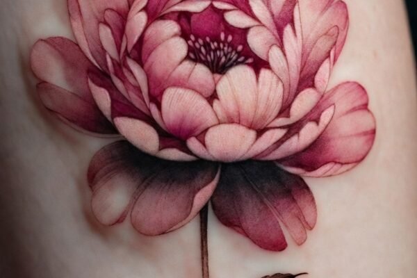 Close-up of 14 stunning peony flower tattoo designs including Single Stem, Watercolor Sleeve, Japanese Irezumi Dragon, Blackwork Geometric, Minimalist Line Art, and Abstract Splatter showcasing timeless elegant peony body art with deep meaning.