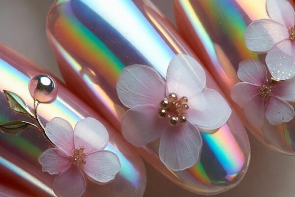 Close-up of glamorous chrome nails with designs showcasing a stunning variety of mirror-finish nail art including holographic floral, silver geometric, blue cloud patterns, purple starbursts, and galaxy swirls, perfect inspiration for bold and diva-worthy chrome nail looks