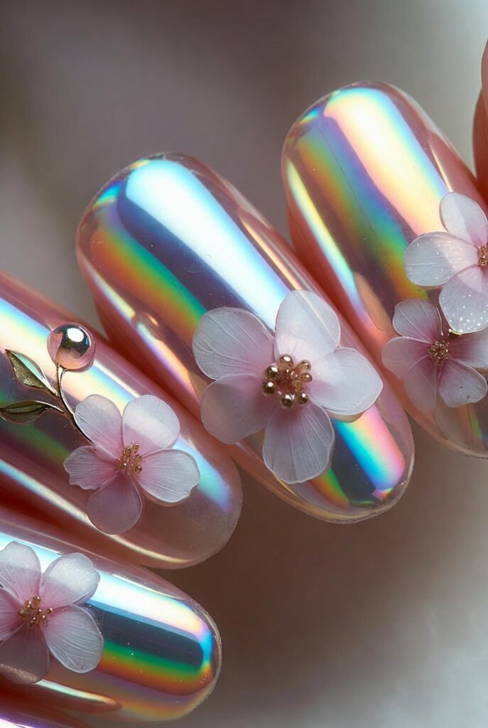 1. Holographic Chrome with Floral Accents