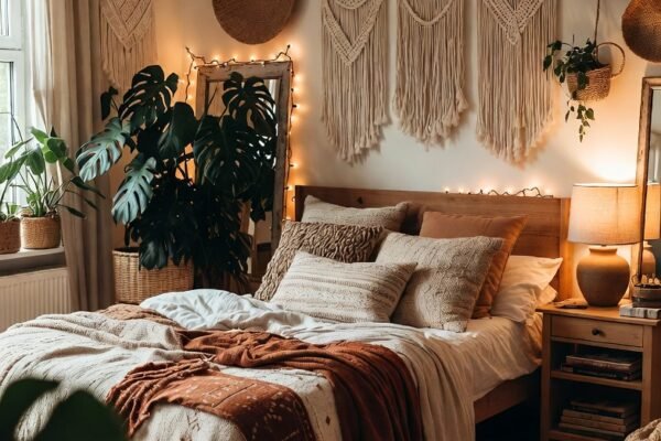 A beautifully designed boho bedroom sanctuary featuring warm terracotta walls, a low wooden platform bed with layered earthy bedding, macrame wall hanging, rattan furniture, hanging plants, and warm fairy lights — the ultimate cozy and carefree bohemian bedroom inspiration.