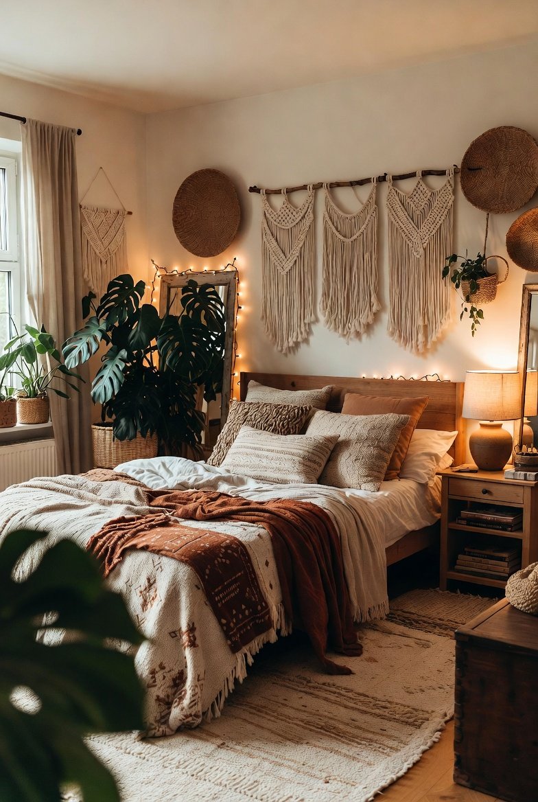 A beautifully designed boho bedroom sanctuary featuring warm terracotta walls, a low wooden platform bed with layered earthy bedding, macrame wall hanging, rattan furniture, hanging plants, and warm fairy lights — the ultimate cozy and carefree bohemian bedroom inspiration.