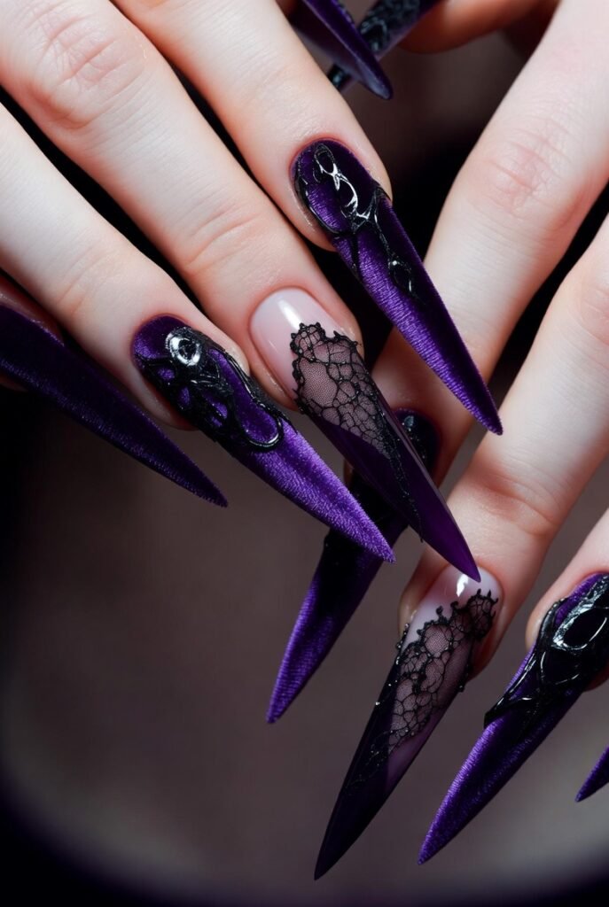 Purple Velvet Black Lace on Stiletto Nails