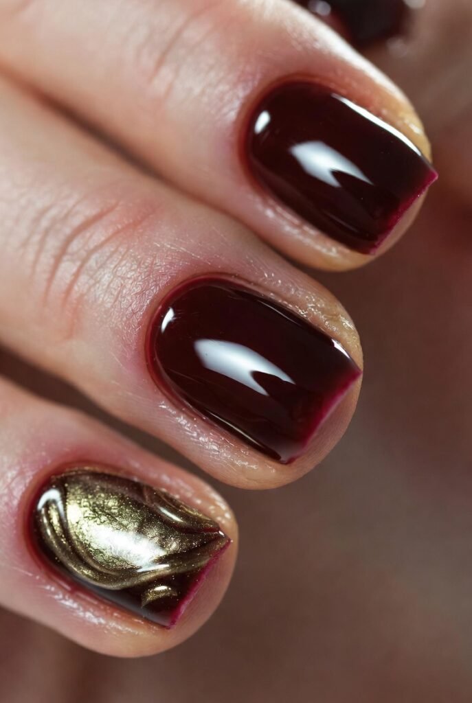 Deep Burgundy With a Single Accent Nail