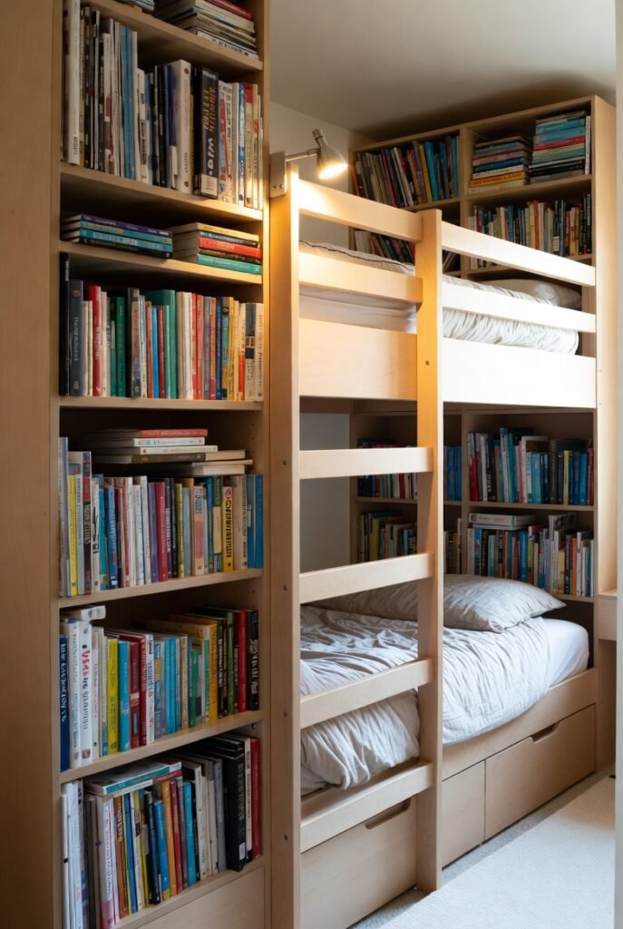 15. Bunk Bed with Built-in Bookshelves (For Little Readers)
