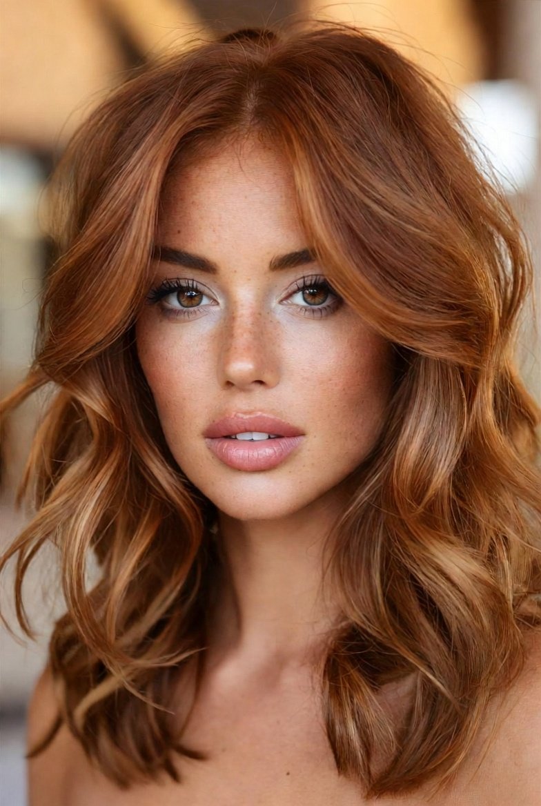 A stunning collection of 13 vibrant auburn hair color ideas featuring a beautiful woman with rich glossy classic auburn hair, warm red-brown tones catching golden studio light, showcasing the most head-turning and wearable auburn shades from soft strawberry and golden honey to deep burgundy and bold violet for every skin tone and personality.