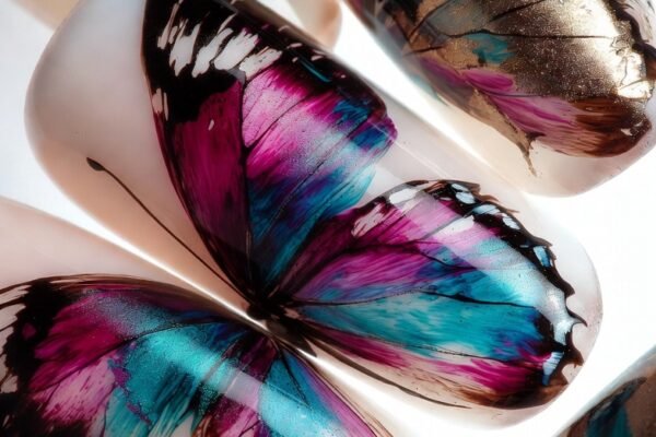 Alt Text: Close-up of a stunning translucent iridescent butterfly wing nail design featuring sheer color-shifting pink lavender and aqua wing patterns with delicate vein details showcasing ethereal show-stopping butterfly nail art that unleashes your inner magic.