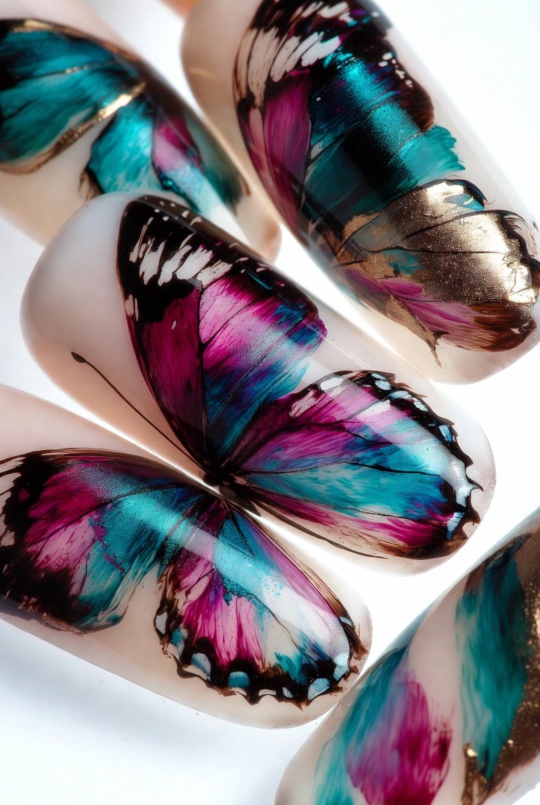 Alt Text: Close-up of a stunning translucent iridescent butterfly wing nail design featuring sheer color-shifting pink lavender and aqua wing patterns with delicate vein details showcasing ethereal show-stopping butterfly nail art that unleashes your inner magic.