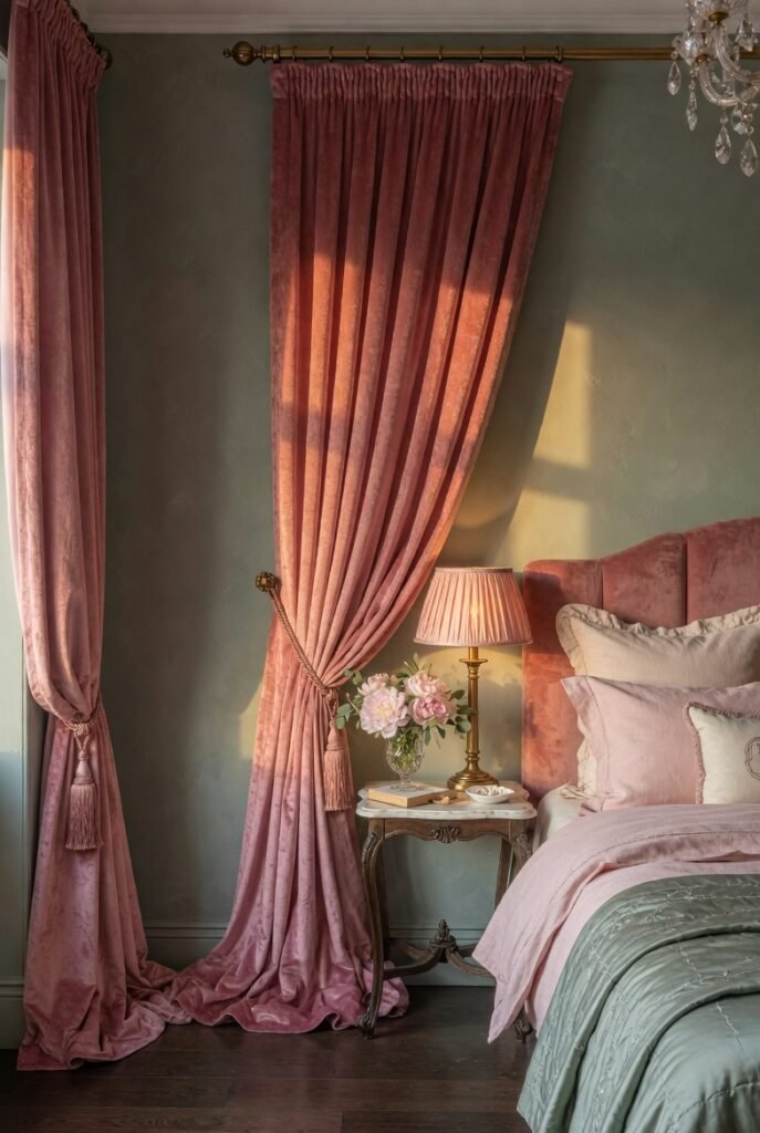 4. Pink Velvet Curtains Against Sage Green Walls