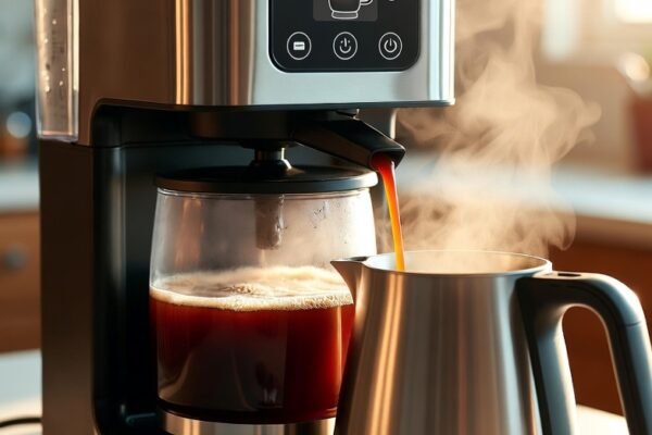 A sleek modern Smart Coffee Maker brewing fresh coffee on a beautiful kitchen countertop with a smartphone showing the app, warm golden morning light and rising steam, showcasing the ultimate guide to transforming your mornings with the perfect smart coffee maker.