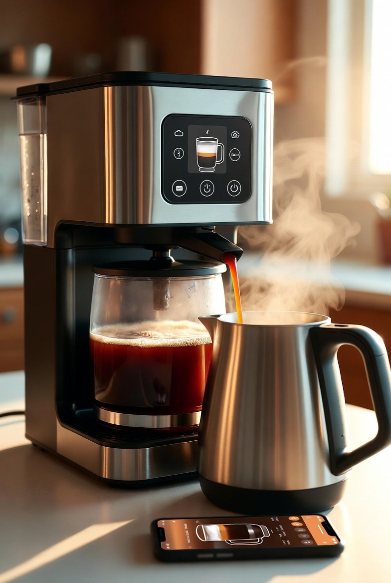 A sleek modern Smart Coffee Maker brewing fresh coffee on a beautiful kitchen countertop with a smartphone showing the app, warm golden morning light and rising steam, showcasing the ultimate guide to transforming your mornings with the perfect smart coffee maker.