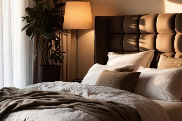 A beautifully transformed Master Room Inspiration sanctuary with luxurious layered bedding, statement headboard, warm layered lighting, natural textures, and lush plants creating a peaceful 5-star hotel atmosphere, showcasing the ultimate step-by-step guide to your dream master bedroom.