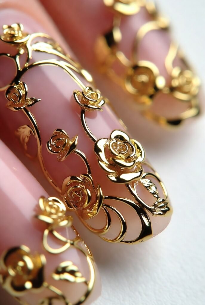 1. Golden Rose Filigree on a Soft Blush Base