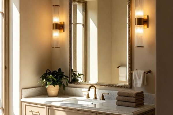 A beautifully designed bathroom with a stunning statement mirror above an elegant vanity with perfect lighting, fresh plants, and stylish fixtures, showcasing 28 Bathroom Mirror Ideas that will transform your space without breaking the bank.
