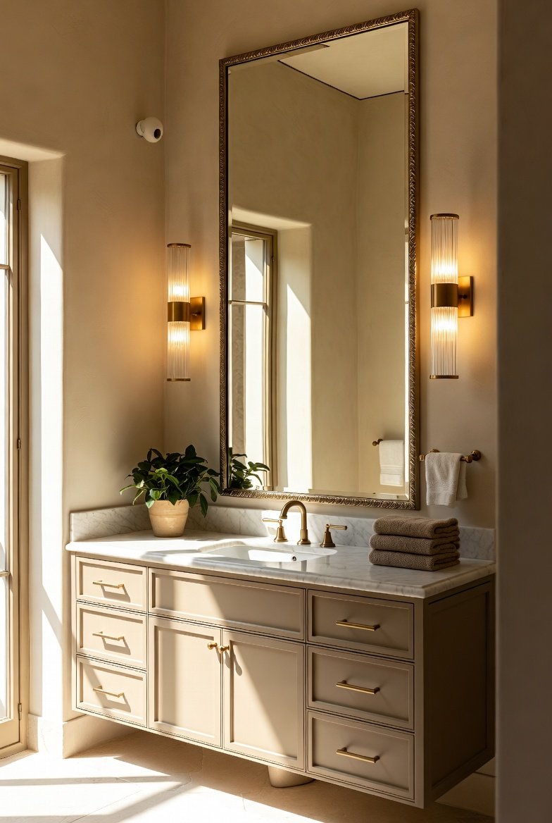A beautifully designed bathroom with a stunning statement mirror above an elegant vanity with perfect lighting, fresh plants, and stylish fixtures, showcasing 28 Bathroom Mirror Ideas that will transform your space without breaking the bank.