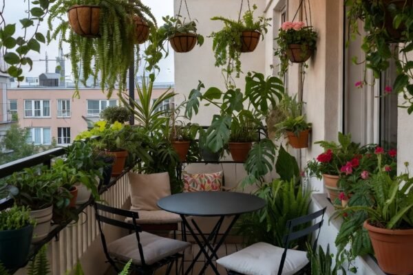 A beautifully transformed small apartment balcony styled as a cozy outdoor paradise featuring a folding bistro set, lush vertical plants, warm string lights, interlocking deck tiles, bamboo privacy screens and colorful outdoor cushions creating a stunning tiny outdoor living space.