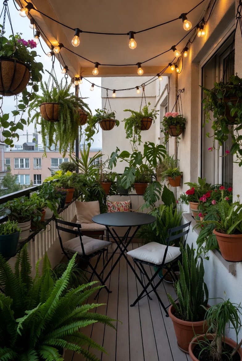 A beautifully transformed small apartment balcony styled as a cozy outdoor paradise featuring a folding bistro set, lush vertical plants, warm string lights, interlocking deck tiles, bamboo privacy screens and colorful outdoor cushions creating a stunning tiny outdoor living space.